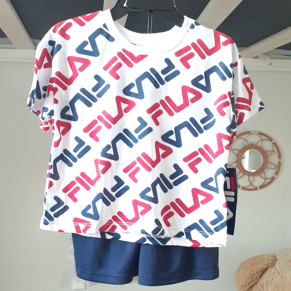 2pc Fila short sleeve shirt with red/blue logo & navy jersey short set/ Size: 6
